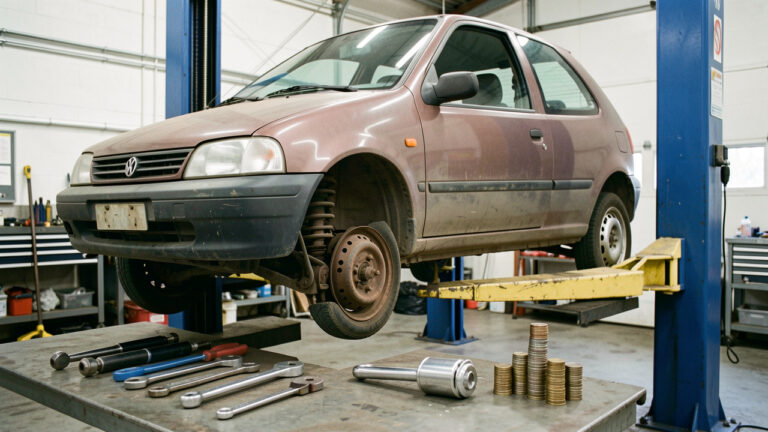 Voiture d’occasion sur un pont élévateur, avec ses amortisseurs et éléments de suspension visibles à côté de pièces de remplacement et d’outils de contrôle.