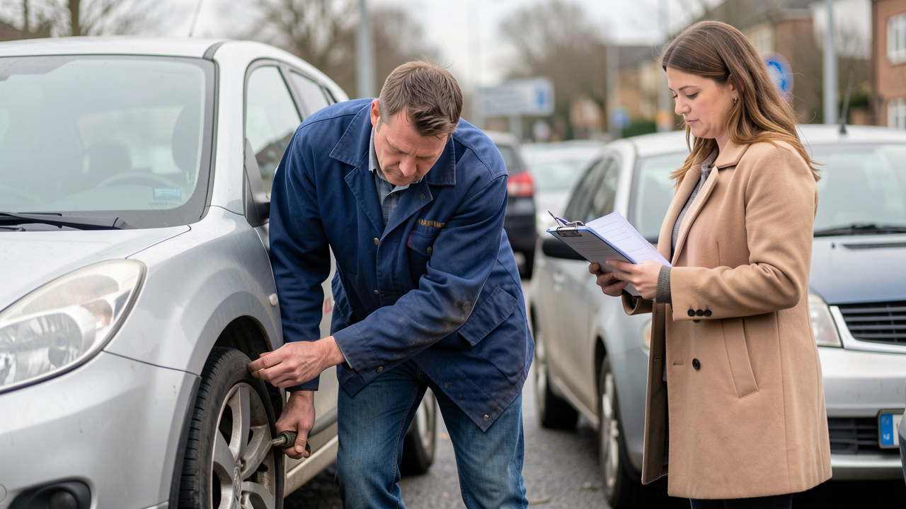 Inspection soignée d’une voiture d’occasion avant achat, avec contrôle visuel et documents de vérification pour éviter les mauvaises surprises.