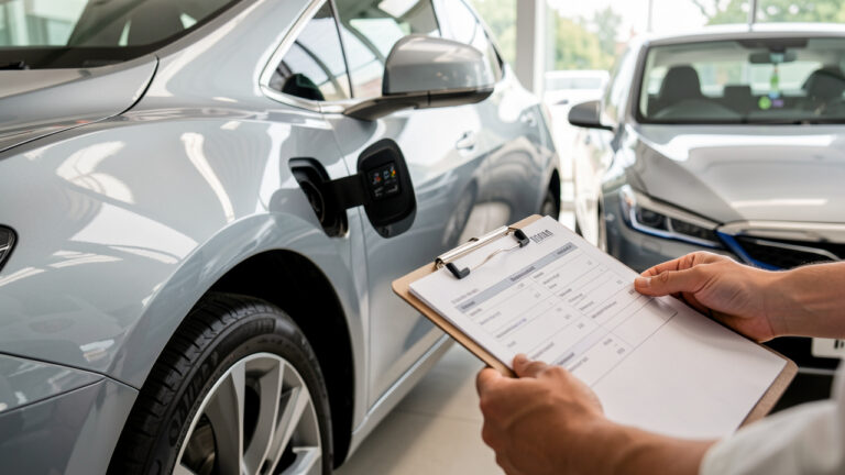 Photo documentaire montrant une voiture d’occasion électrique et hybride garée dans un hall, avec un contrôle visuel des critères d’inspection et une fiche d’évaluation sans texte.