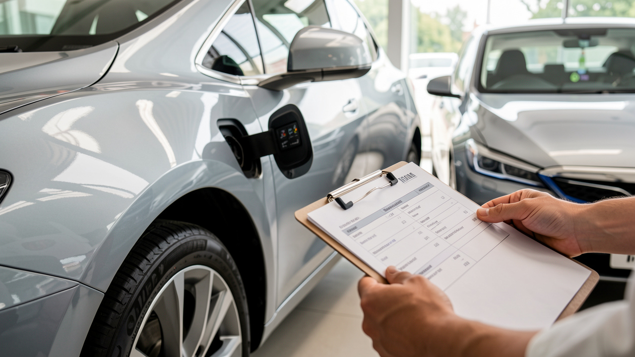 Photo documentaire montrant une voiture d’occasion électrique et hybride garée dans un hall, avec un contrôle visuel des critères d’inspection et une fiche d’évaluation sans texte.