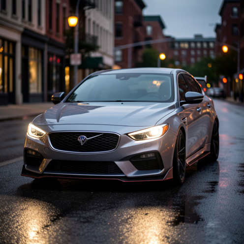Photo réaliste d’une berline compacte sportive inspirée de l’Audi RS3, avec carrosserie aérodynamique et détails techniques, garée en ville au crépuscule sur chaussée humide, lumière des phares et reflets cinématiques, sans personnes.