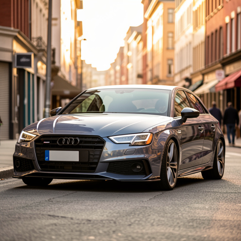 Photo réaliste d’une compacte sportive de style Audi A3 S line, vue de trois-quarts dans une rue urbaine au coucher du soleil, mettant en valeur le design extérieur et les jantes.