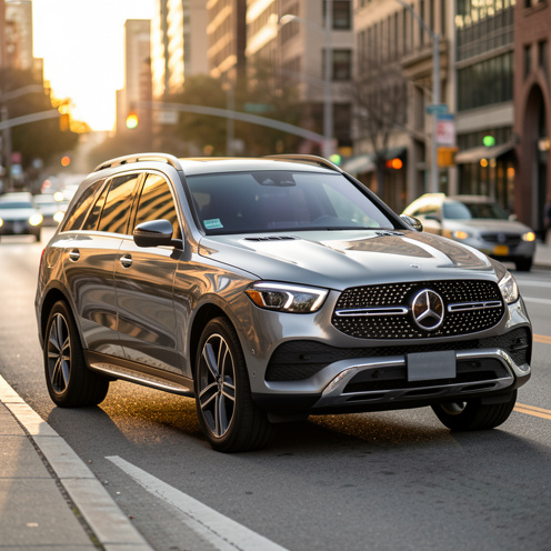 Vue en trois quarts avant d’un SUV Mercedes Classe M argenté garé en ville au coucher du soleil, ambiance documentaire réaliste, détails de la carrosserie et des pneus.
