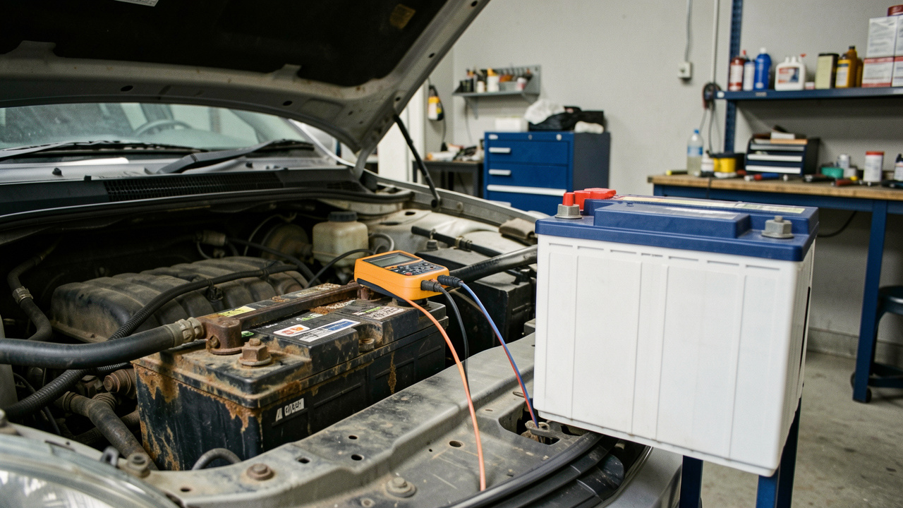Batterie de voiture d’occasion contrôlée avec un multimètre près d’une batterie neuve, dans un garage automobile.