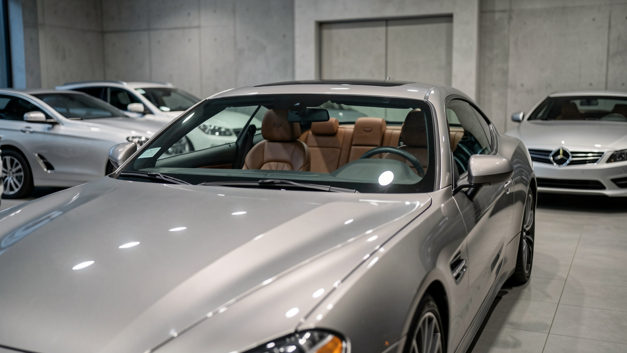 Berline coupé d’occasion au style premium dans un showroom urbain, peinture métallisée et intérieur en cuir visibles, éclairage doux et ambiance calme.