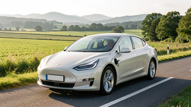 Berline électrique d’occasion roulant sur une route de campagne verdoyante, adaptée aux trajets quotidiens et aux départs en week-end.