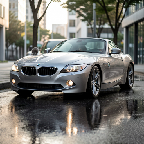 Photo documentaire réaliste d’une BMW Z4 avec éclairage matinal, reflets détaillés sur la carrosserie et ambiance urbaine, prise de vue en contre-plongée.