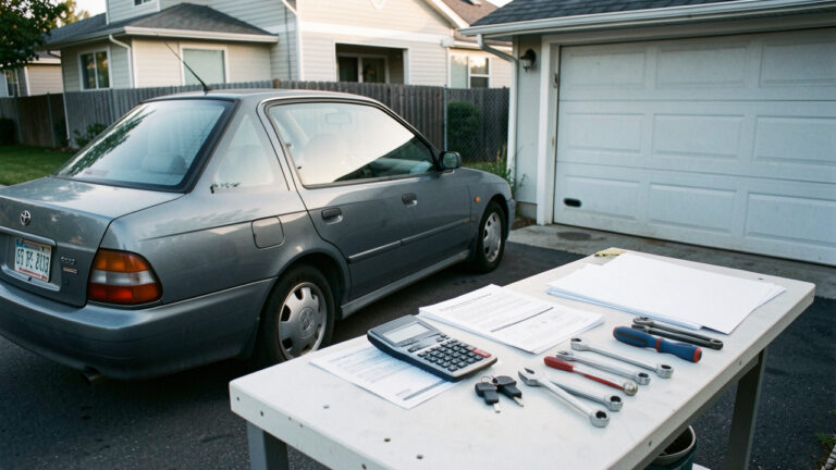 Berline compacte d’occasion bien entretenue devant un garage, avec des clés, une calculatrice, des feuilles vierges et des outils d’entretien.