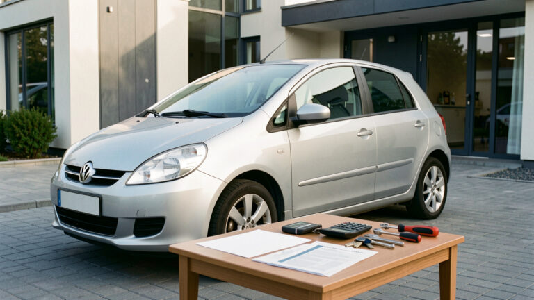 Voiture compacte haut de gamme d’occasion bien entretenue, accompagnée de clés, d’une calculatrice, d’outils d’entretien et de documents vierges symbolisant le budget d’achat, d’assurance et de maintenance.