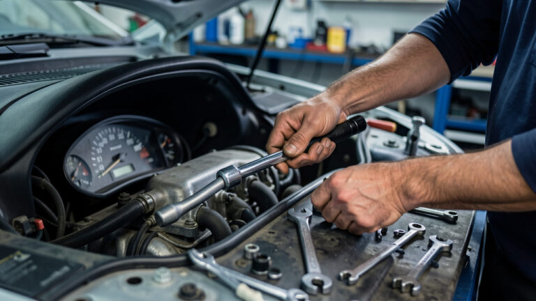 Mains vérifiant le moteur d’une voiture avec une clé dynamométrique, outils disposés sur l’établi, ambiance atelier documentaire réaliste.