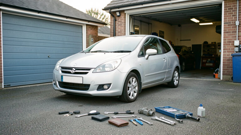 Petite voiture citadine d’occasion garée devant un garage, entourée de clés, d’un portefeuille et d’outils d’entretien.
