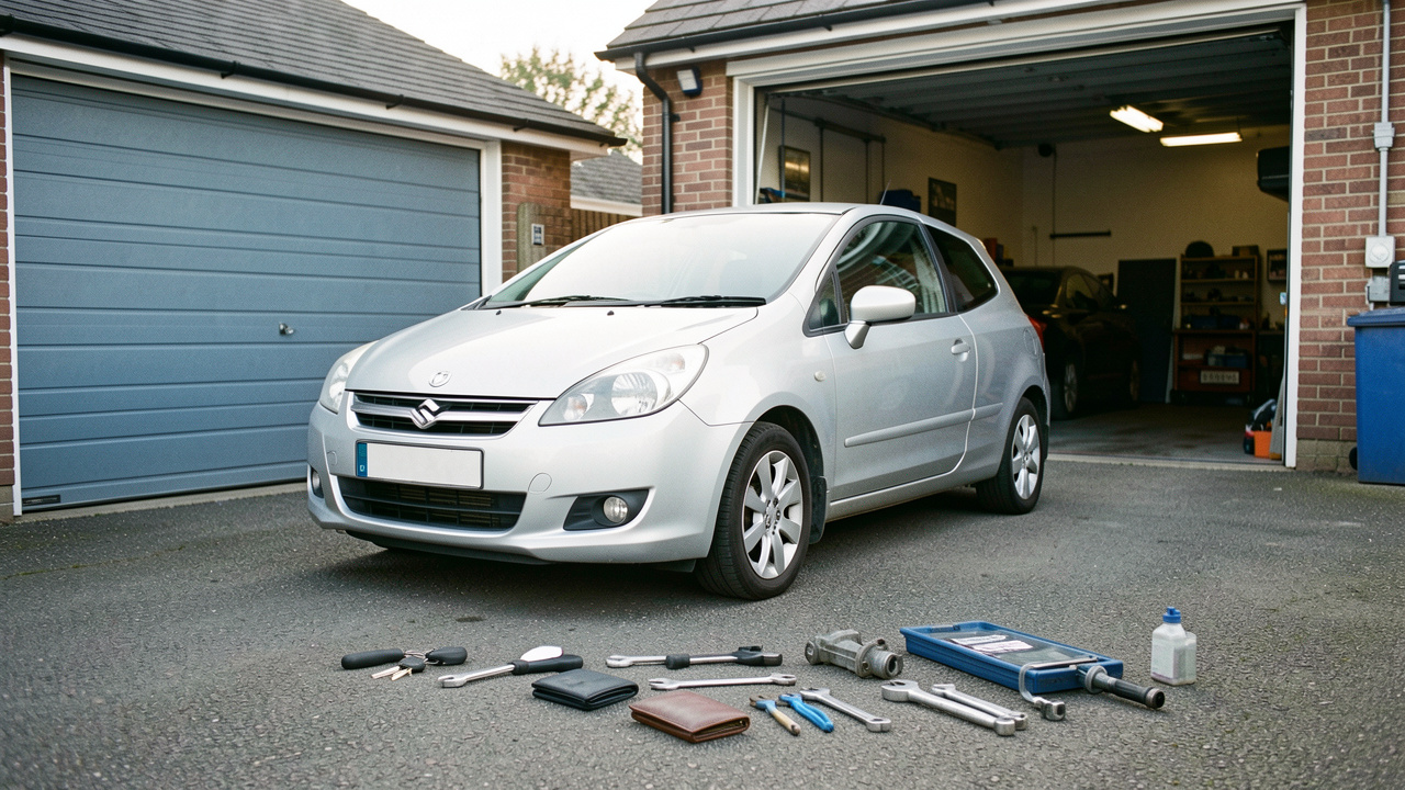 Petite voiture citadine d’occasion garée devant un garage, entourée de clés, d’un portefeuille et d’outils d’entretien.