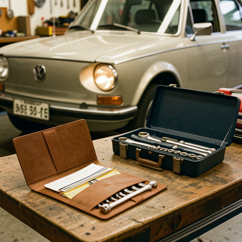 Carnet de service ouvert, outils et dossier d’entretien sur un établi de garage, avec une voiture Volkswagen classique en arrière-plan sous une lumière chaleureuse.