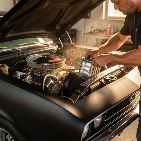 Photo réaliste en lumière dorée d’un muscle car américain de type Camaro, capot moteur V8 ouvert, montrant des détails d’entretien et d’inspection mécanique dans un garage.