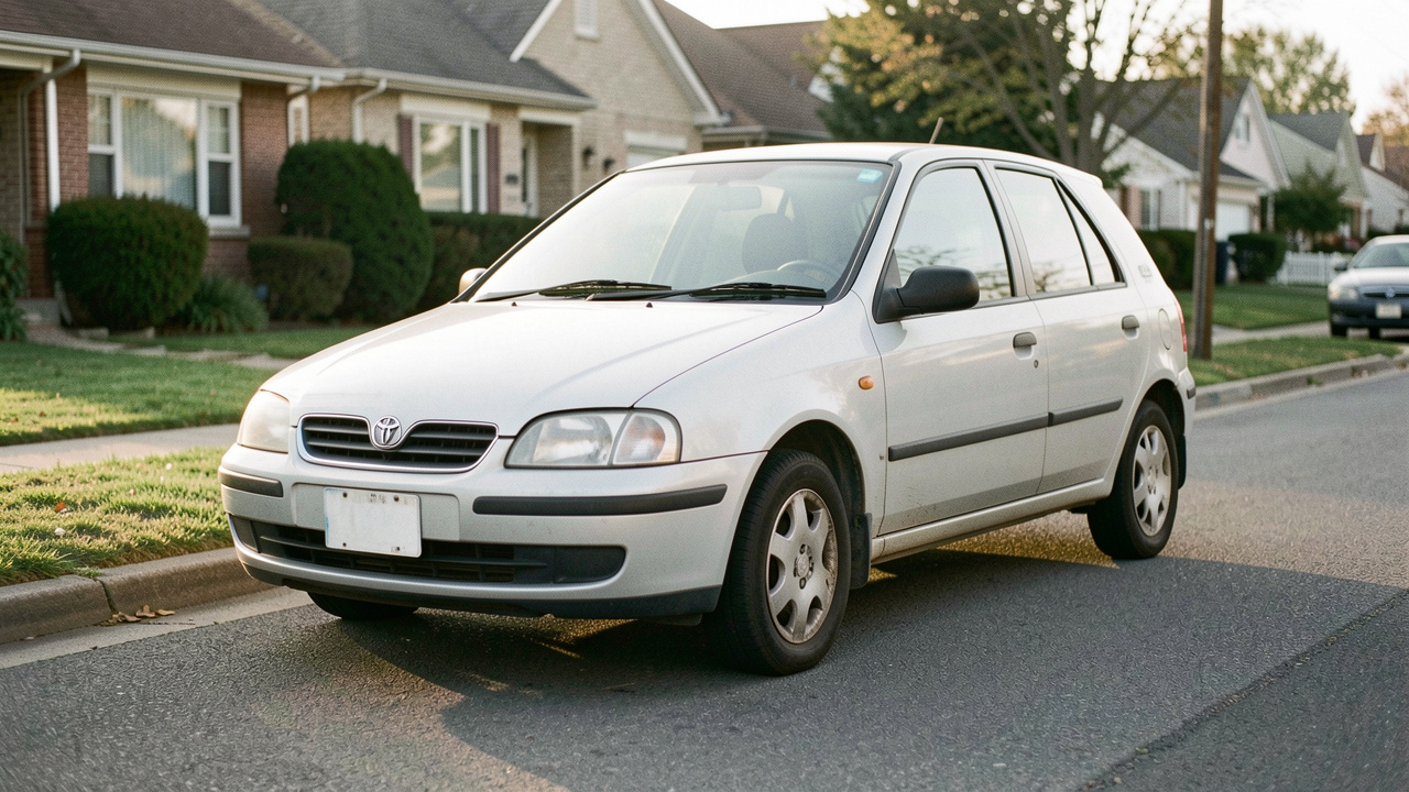 Petite voiture citadine d’occasion bien entretenue, stationnée dans une rue résidentielle calme et photographiée de trois quarts avant.