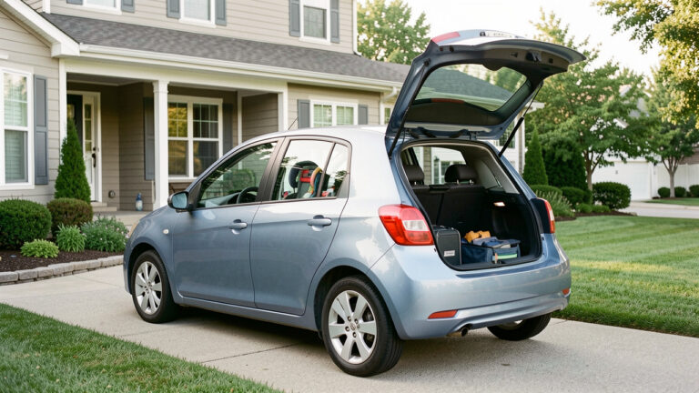 Voiture compacte d’occasion bleu métallisé stationnée devant une maison familiale, avec des sièges enfants visibles à l’arrière et un coffre ouvert.
