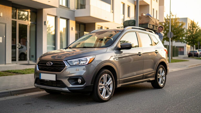 SUV compact gris garé en ville, coffre ouvert avec des accessoires pour un week-end, éclairage doré réaliste, style photo documentaire.