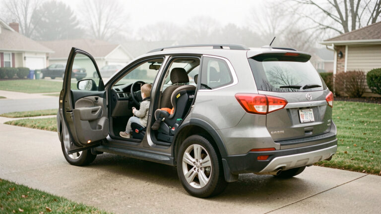 Photo réaliste d’un SUV familial d’occasion dans une allée résidentielle, porte arrière ouverte montrant l’aménagement pour enfants et sièges auto, lumière douce et ambiance calme.