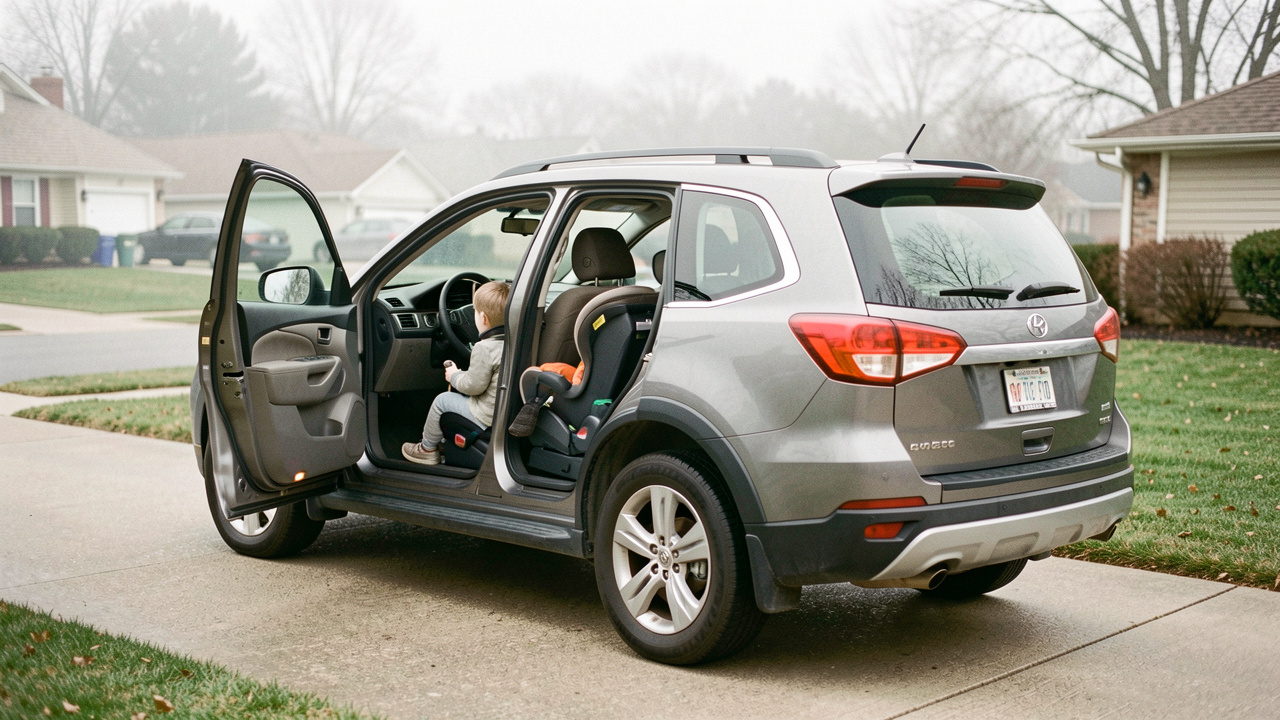 Photo réaliste d’un SUV familial d’occasion dans une allée résidentielle, porte arrière ouverte montrant l’aménagement pour enfants et sièges auto, lumière douce et ambiance calme.