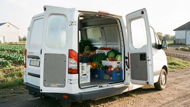 Utilitaire frigorifique d’occasion aux portes ouvertes, contenant des caisses de fruits, légumes et produits frais dans un espace réfrigéré propre.