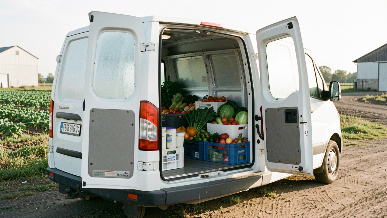 Utilitaire frigorifique d’occasion aux portes ouvertes, contenant des caisses de fruits, légumes et produits frais dans un espace réfrigéré propre.