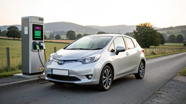 Voiture électrique d’occasion bien entretenue en cours de recharge près d’une route de campagne, évoquant une autonomie suffisante pour les longs trajets.