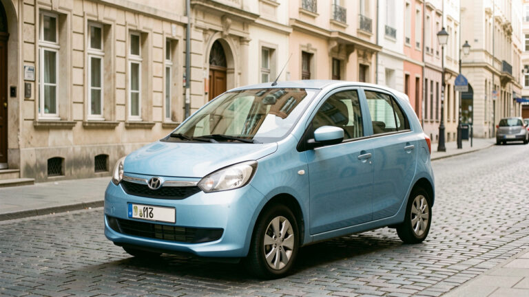 Petite voiture citadine automatique d’occasion bleu clair stationnée dans une rue urbaine européenne, photographiée de trois quarts avant.