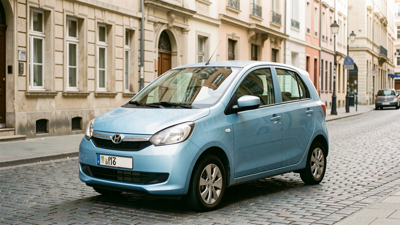 Petite voiture citadine automatique d’occasion bleu clair stationnée dans une rue urbaine européenne, photographiée de trois quarts avant.