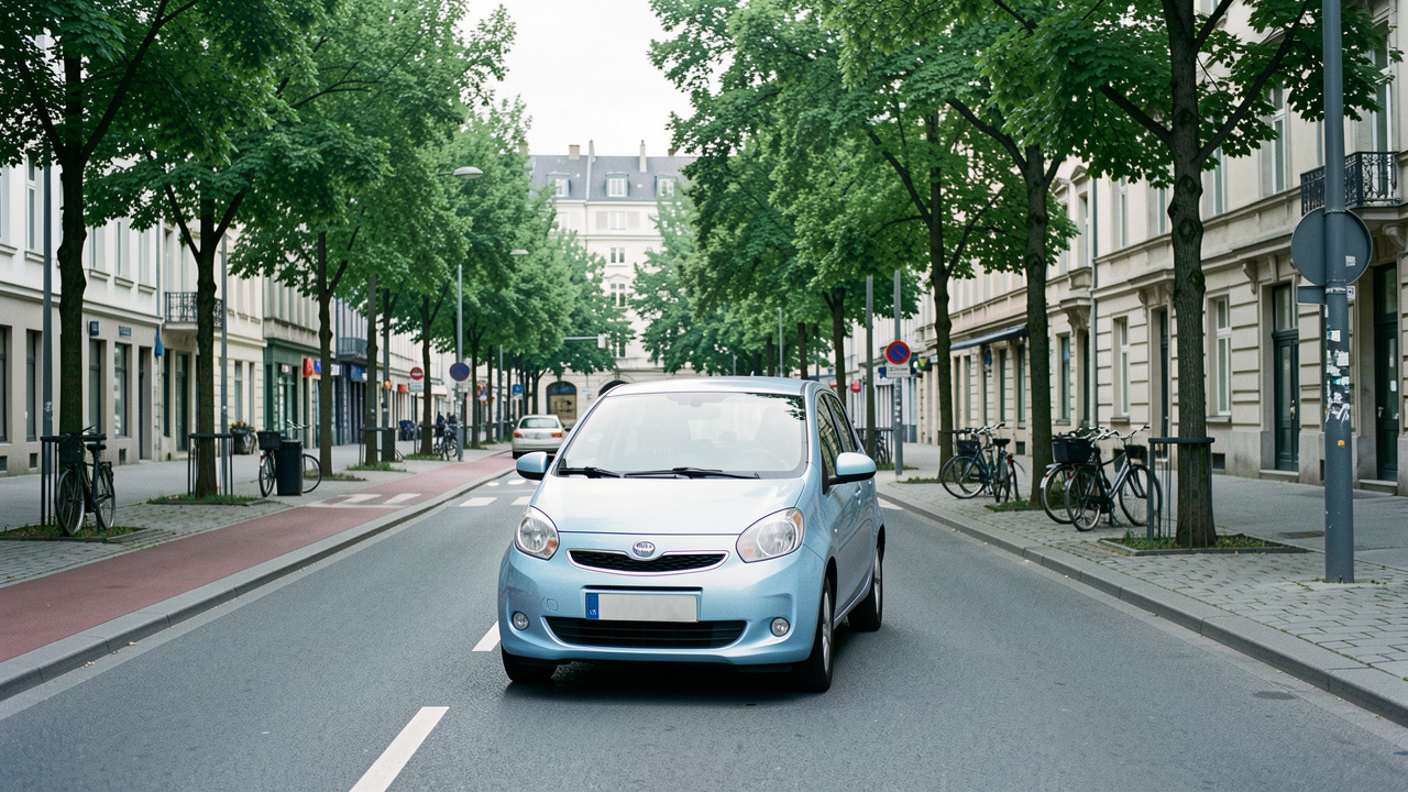 Petite voiture citadine d’occasion circulant dans un quartier urbain européen propre et végétalisé.