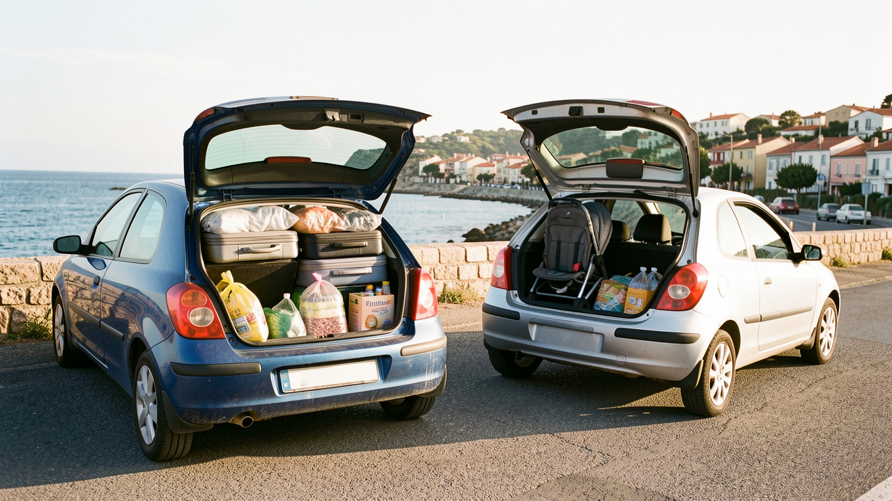 Deux citadines compactes d’occasion aux coffres ouverts et spacieux, chargés de valises et d’affaires du quotidien, garées près d’une route côtière.