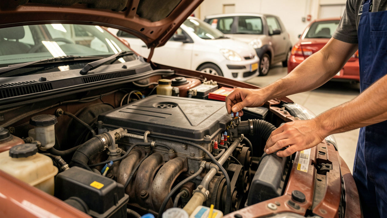 Vue réaliste d’une baie moteur d’une citadine compacte essence dans un atelier, avec un mécanicien examinant des composants pour éviter de mauvaises surprises.