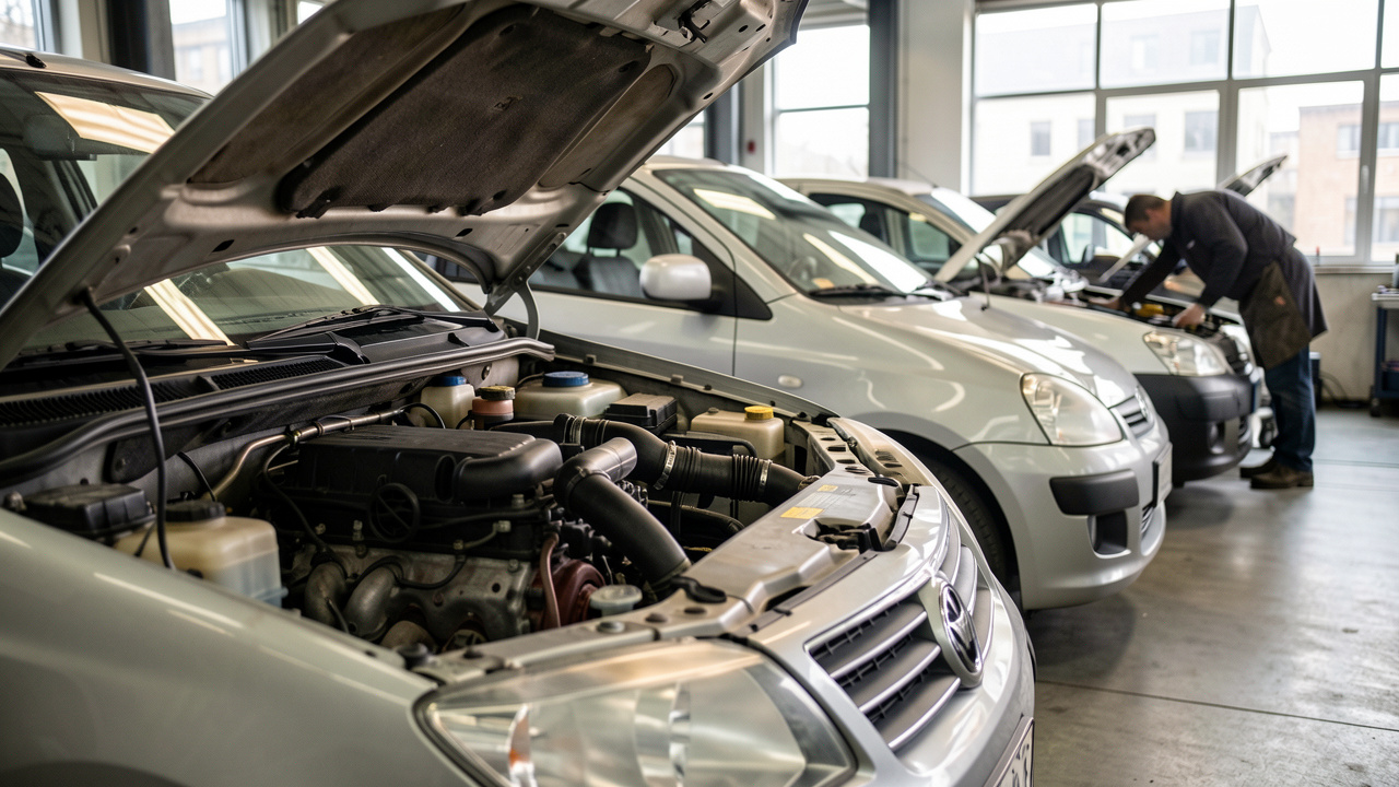 Atelier automobile avec une citadine compacte d’occasion et un moteur diesel compact inspecté, lumière naturelle et détails réalistes des composants.