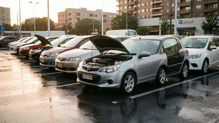 Plusieurs citadines et compactes d’occasion garées sur un parking de concession, lumière de fin de journée et reflets sur la chaussée humide, photo documentaire réaliste.
