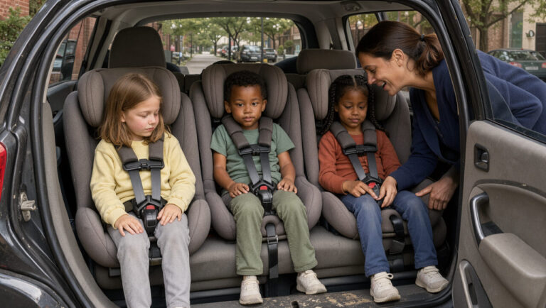 Voiture citadine compacte d’occasion avec trois enfants correctement installés à l’arrière et une conductrice vérifiant leur sécurité.