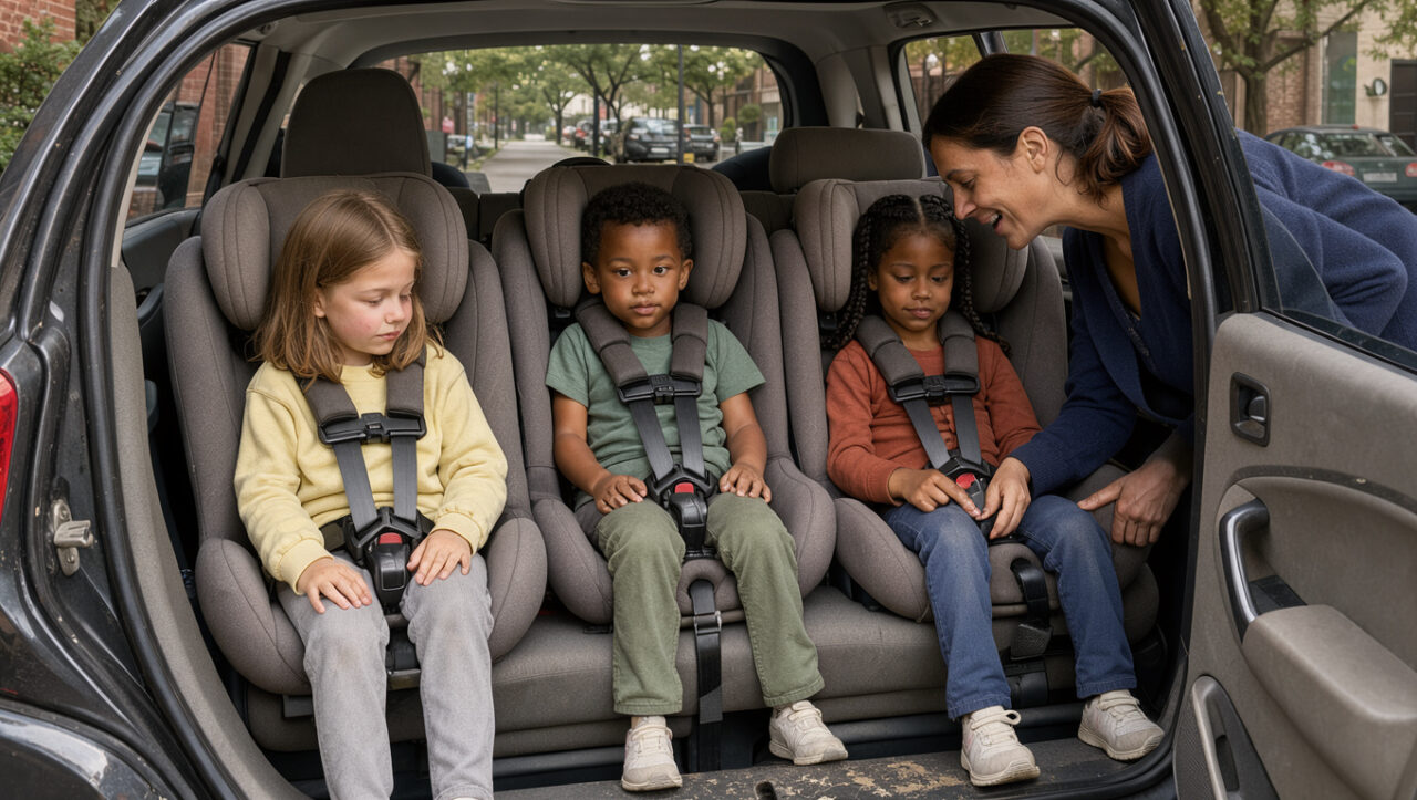 Voiture citadine compacte d’occasion avec trois enfants correctement installés à l’arrière et une conductrice vérifiant leur sécurité.