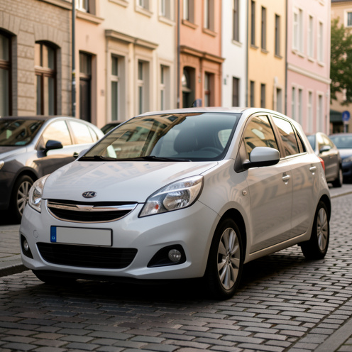 Vue réaliste d’une Renault Clio 4 sur une rue calme, lumière du matin douce, mise au point sur le véhicule et arrière-plan urbain flou, ambiance documentaire.