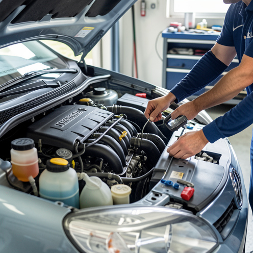 Inspection réaliste du compartiment moteur d’une voiture compacte en garage, mise en valeur des outils et des contrôles pour évaluer la fiabilité, la consommation et les coûts d’entretien.