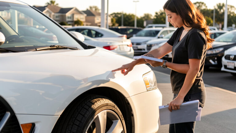 Une femme inspecte l’état d’une voiture d’occasion sur un parking, en observant le capot et les pneus, sous une lumière dorée naturelle.