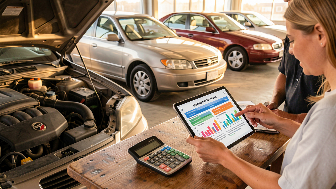 Dans un showroom de voiture d’occasion, un homme et une femme comparent sur une tablette des paramètres liés à l’assurance automobile, près d’une calculatrice et de plusieurs voitures, sous une lumière naturelle dorée.