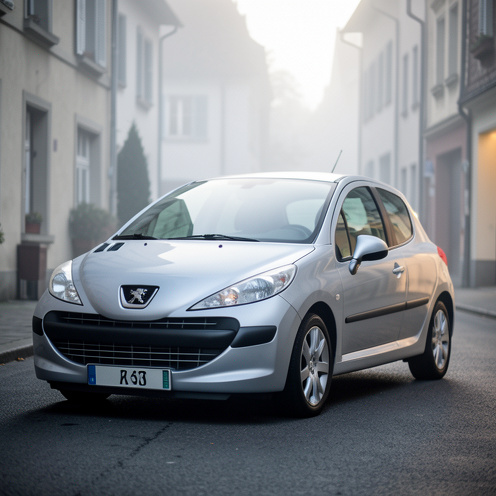 Photo réaliste d’une Peugeot 207 HDi argentée garée dans une rue européenne calme, lumière naturelle du matin et détails nets de la carrosserie.