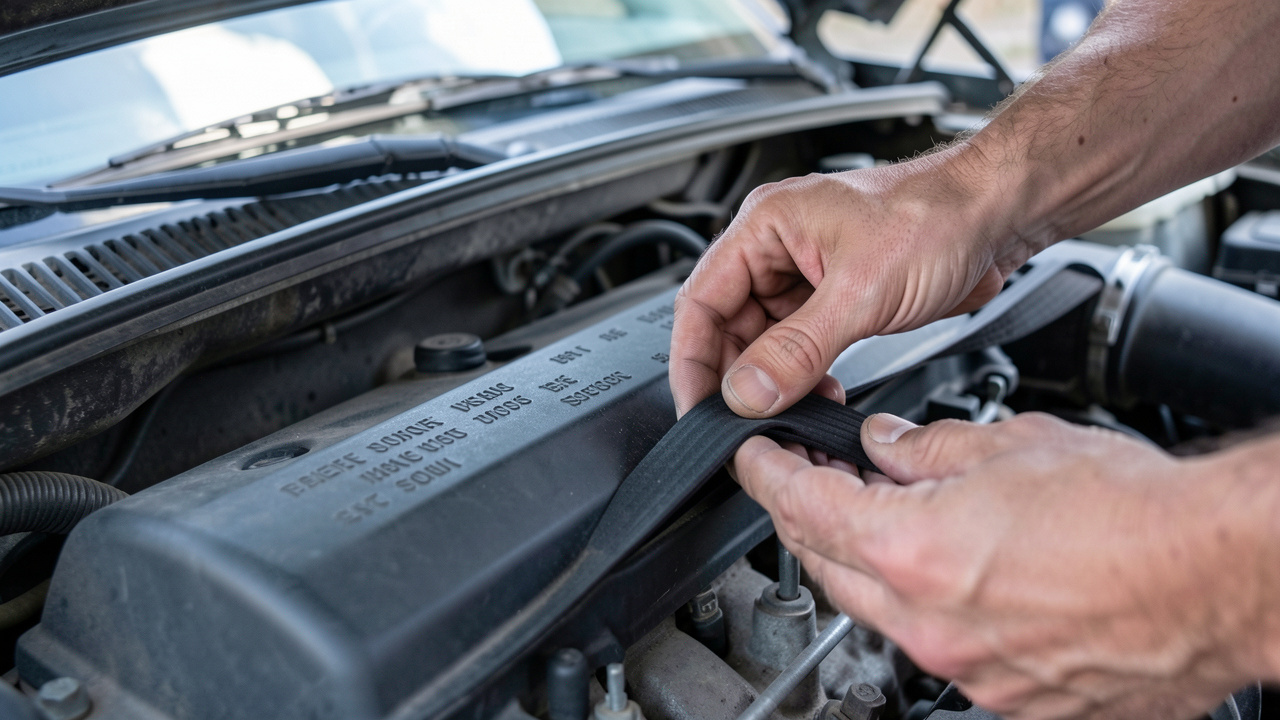gros plan du compartiment moteur d’une voiture d’occasion où l’on inspecte la courroie de distribution et son alignement, avec une vérification de l’état et des repères d’entretien, lumière naturelle