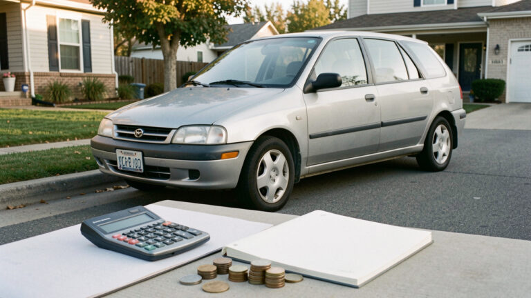 Voiture d’occasion bien entretenue garée devant une maison, accompagnée d’une calculatrice, d’un carnet vierge et de pièces illustrant une gestion prudente du budget.
