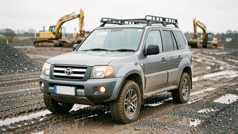 SUV compact d’occasion gris garé sur un chantier boueux, adapté aux déplacements professionnels et aux routes difficiles.