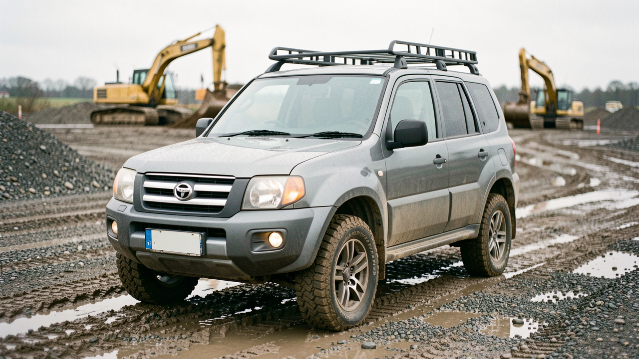 SUV compact d’occasion gris garé sur un chantier boueux, adapté aux déplacements professionnels et aux routes difficiles.