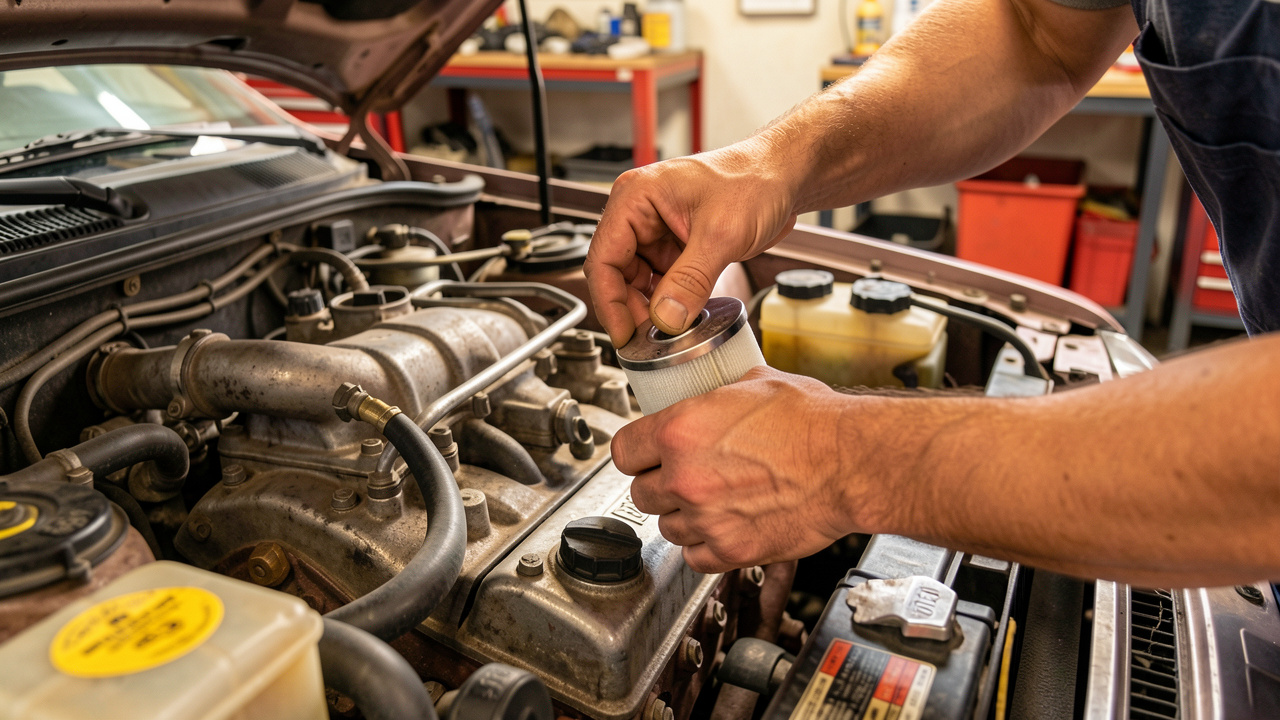 Dans un atelier, un homme inspecte le moteur d’une voiture d’occasion et vérifie les niveaux de liquide, pour mieux prévenir les pannes et maîtriser le budget.