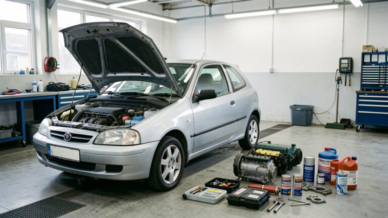 Une voiture compacte d’occasion, capot ouvert, avec le moteur et des éléments d’entretien soigneusement examinés dans un atelier automobile.