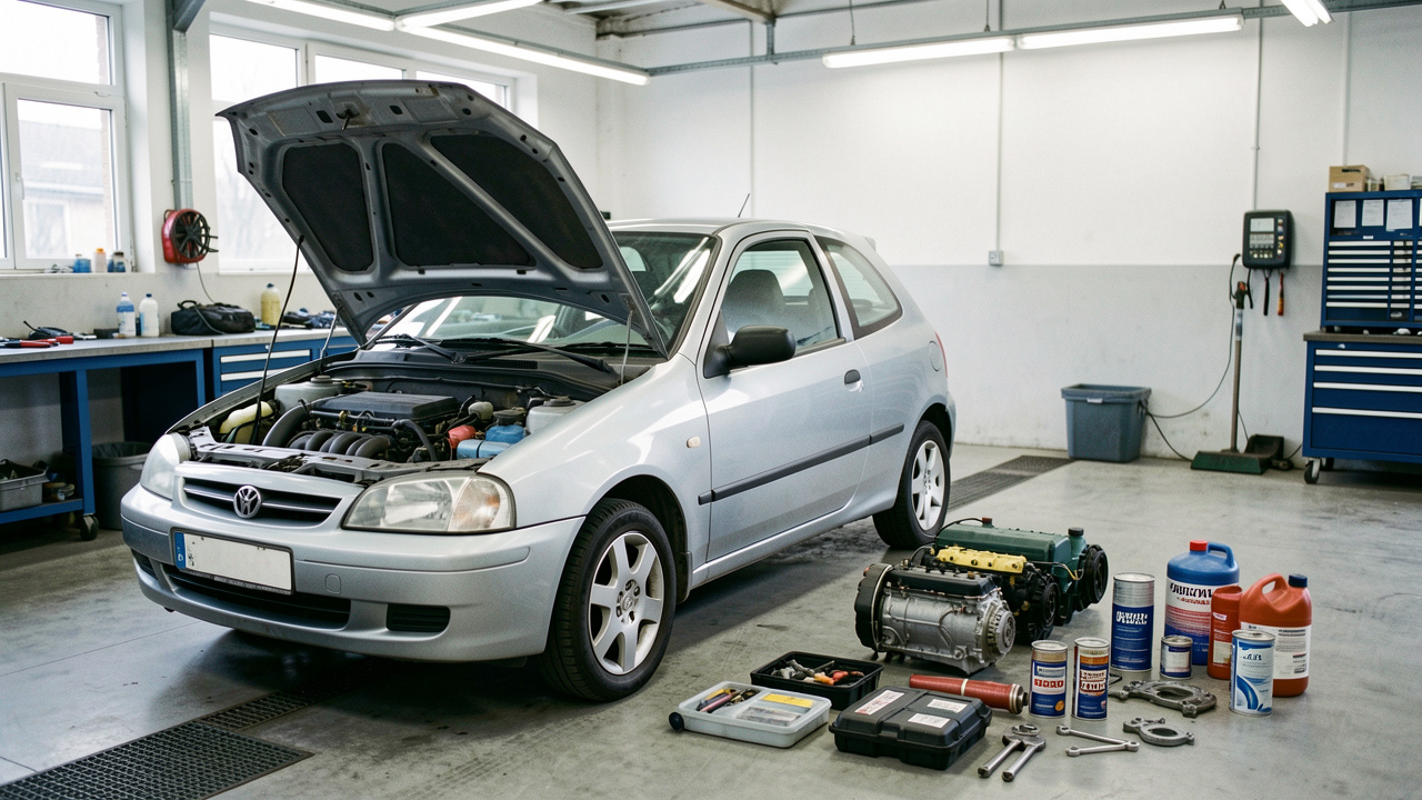 Une voiture compacte d’occasion, capot ouvert, avec le moteur et des éléments d’entretien soigneusement examinés dans un atelier automobile.
