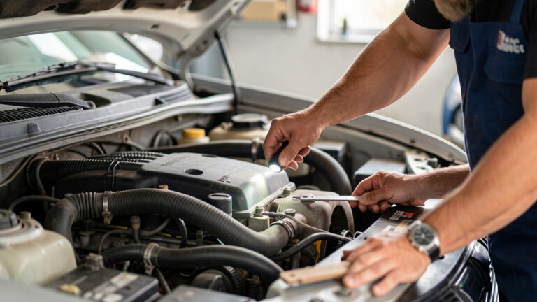 Mains contrôlant le compartiment moteur d’une voiture d’occasion dans un garage, avec une lampe et des outils simples avant l’achat.