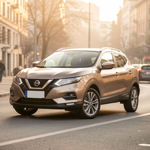 Photo réaliste d’un SUV compact type Nissan Qashqai Acenta, vu de trois quarts avant dans une rue urbaine au coucher du soleil, avec détails des roues et finitions métalliques nettes.