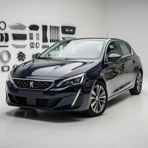 Photo réaliste d’une Peugeot 308 en vue trois-quarts avant, dans un studio lumineux, avec des éléments de carrosserie et roues mis en valeur, et un arrière-plan évoquant des équipements automobiles.